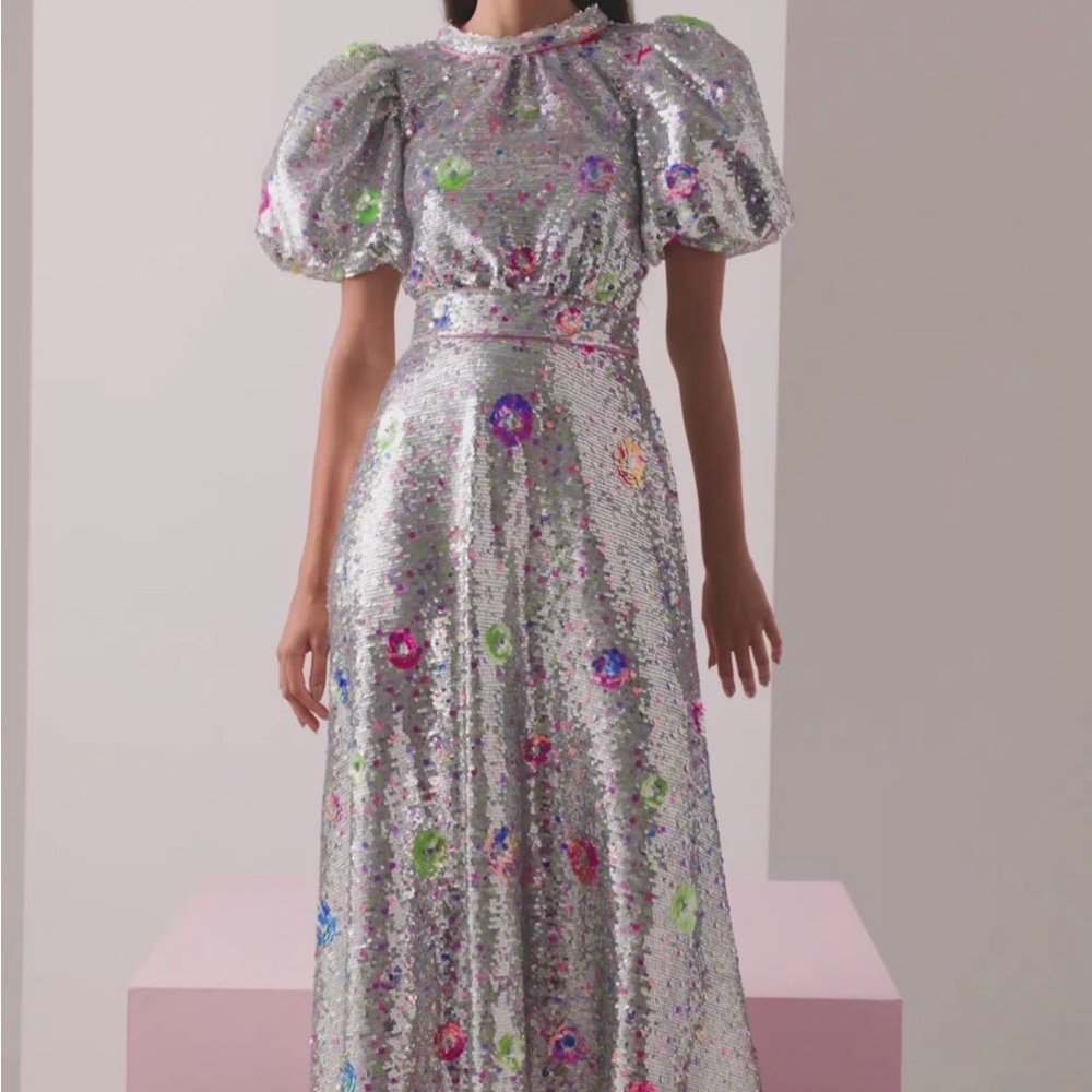 Celia B Silver Sequin Maxi Dress with Puff Sleeves and Multicolor Floral Accents